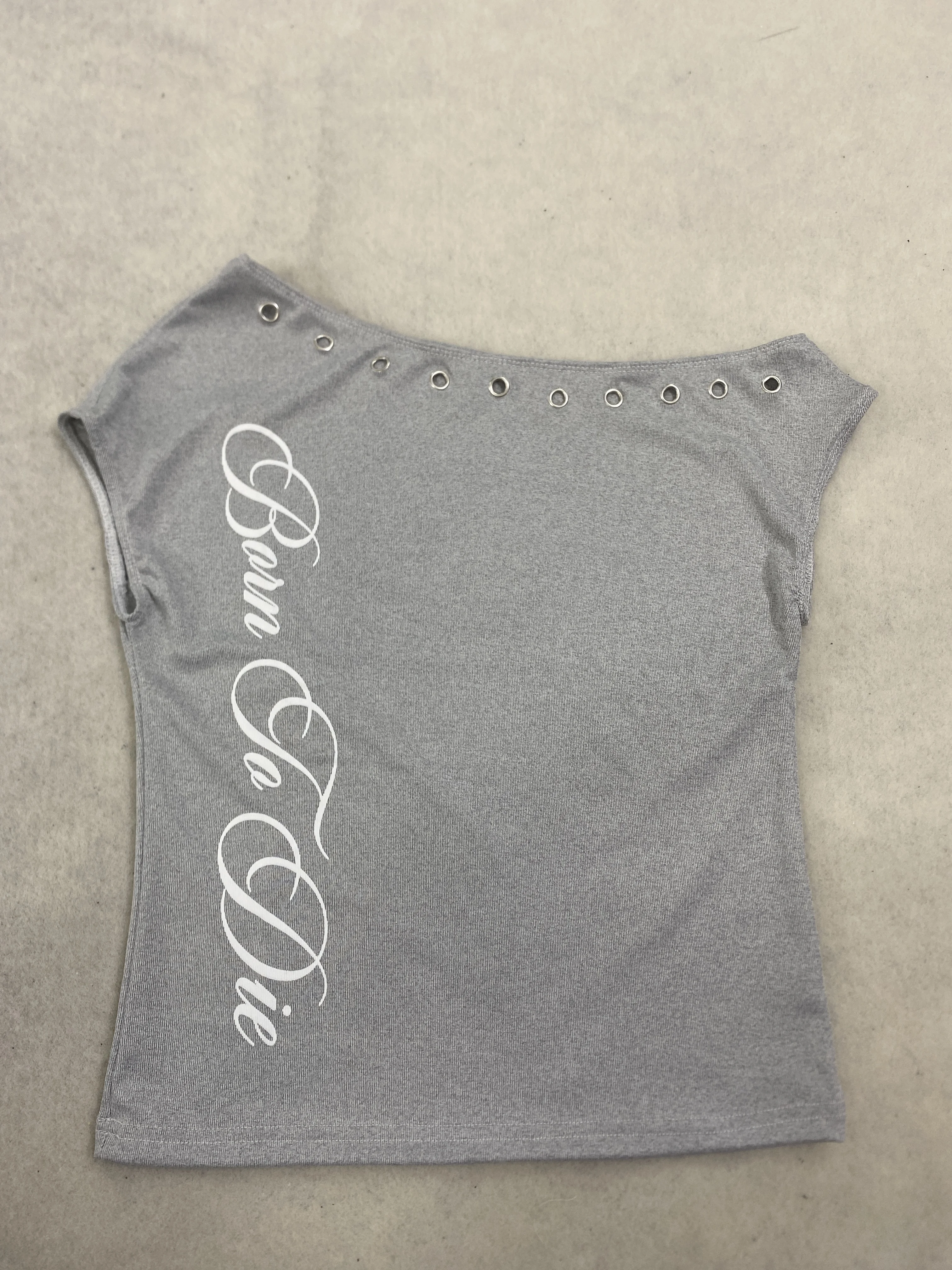 Off Shoulder Metal Eyelet Cap Sleeve T-shirt Vertical Cursive Letter Print Slim Crop Top