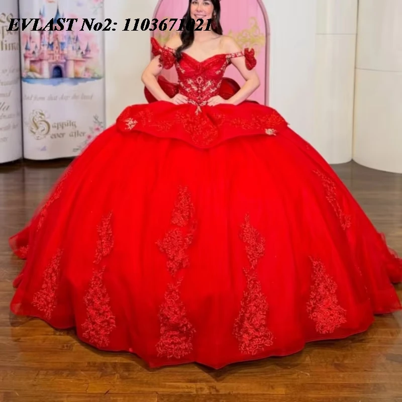 EVLAST Customized 2027 Red Quinceanera Dress Off Shoulder Lace Applique Crystal Beaded Bow Sweet 16 Vestidos 15 Anos E2QA529