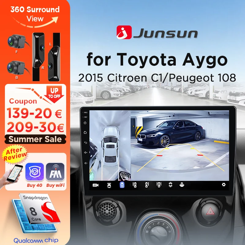 Junsun Android Auto Autoradio für Toyota Aygo Peugeot 108 Citroen C1 2014~2021 Multimedia Wireless CarPlay SWC GPS Navi 360 Kamera
