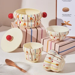 cute cartoon striped bear bowl round ceramic tableware high appearance level simple household Creative double ear dessert bowl