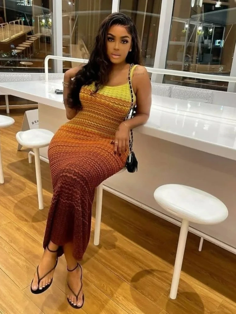 Retro Luxury Gradient Stripe Vacation Long Knitted Wrap Dress Sleeveless Empire Waist Ankle Length Cross-Border Spring Summer