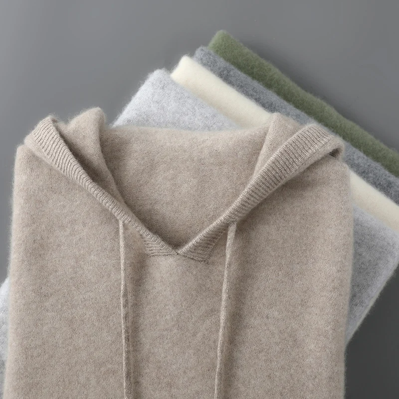 DjzDsm Autumn Winter Men's Sweater 100% Merino Wool Thick Hooded Pullover Soft Knitwear Casual Comfort Wool Clothing Tops