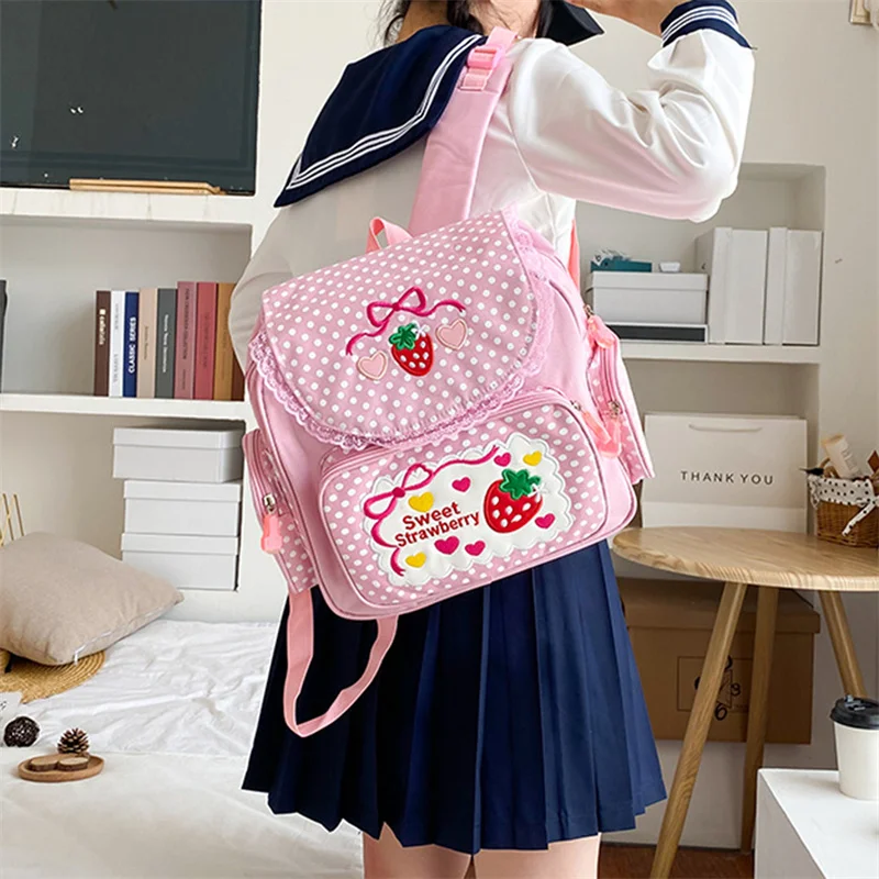 Japanese Schlool Bags Backpack Kids Cute Soft Girl Sweet Lovely Embroidered Fruit Strawberry Lace Girl Student Schoolbag Girl