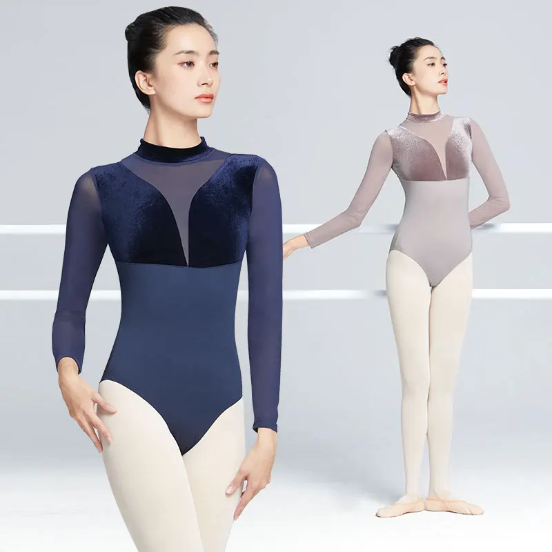 Ballet Leotards Woman Gymnastics Leotards Velvet Splice Long Sleeves Ballet Bodysuit With Zipper Adults Nylon Dancing Bodysuit