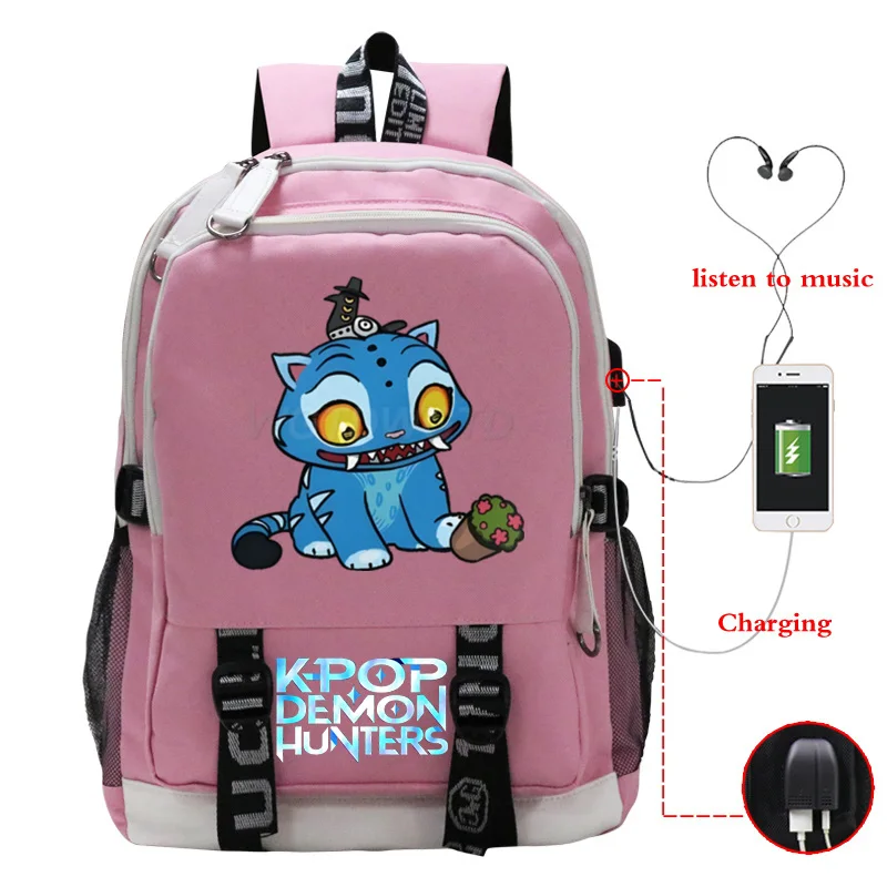 K팝 데몬 헌터즈 여학생 가방 루미 미라 캐리비안 프린트 백팩 신상 패션 USB 충전 배낭 모칠라