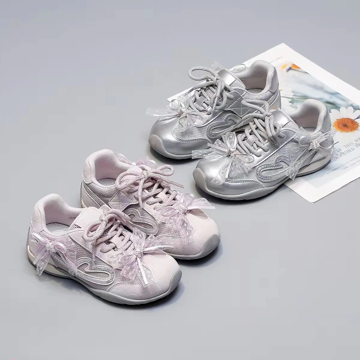 Kids'Casual Shoes Solid Color Bow PU Leather Autumn Fashion Shoes For Children Breathable Anti-slip Silver Purple Size 26-36