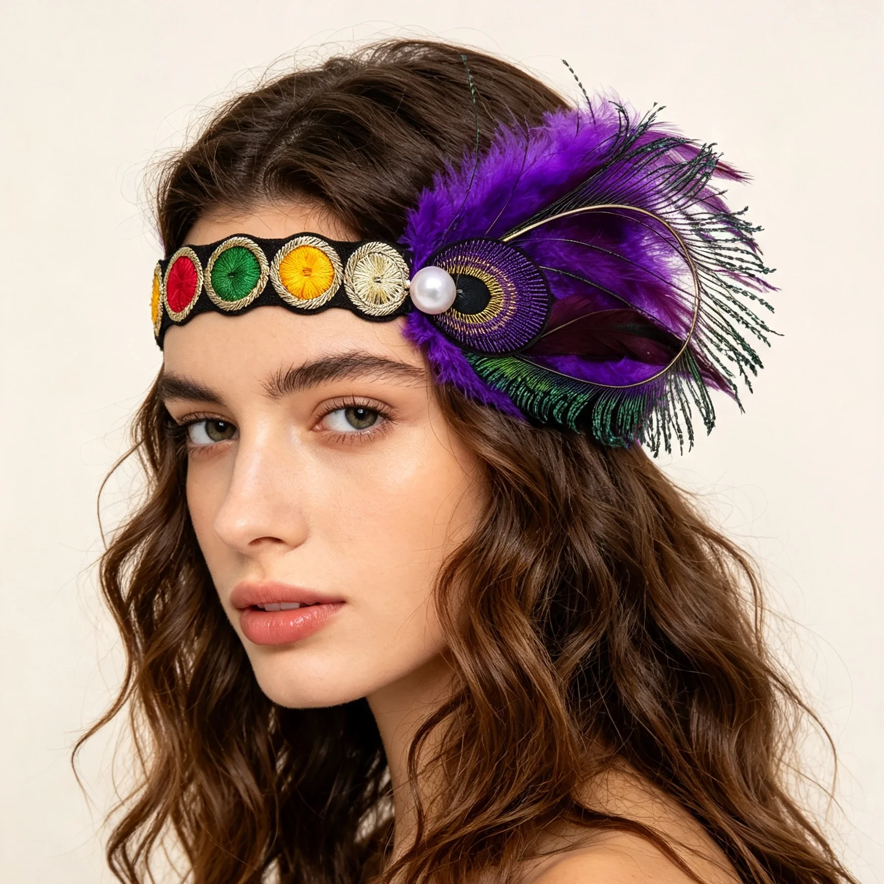 European Handmade Alloy Bridal Wedding Party Hair Accessory Feather Vintage 1920s Faux Pearl Colorful Tribal Headband