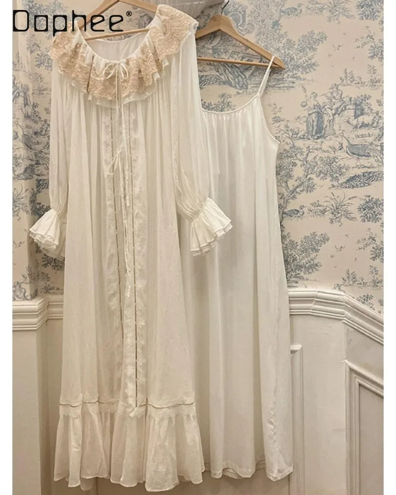 French-style Retro Pajama Set with Lace Ruffles Suspenders Two-piece Loose-fitting Casual Women Home Wear Set for Lounging Home