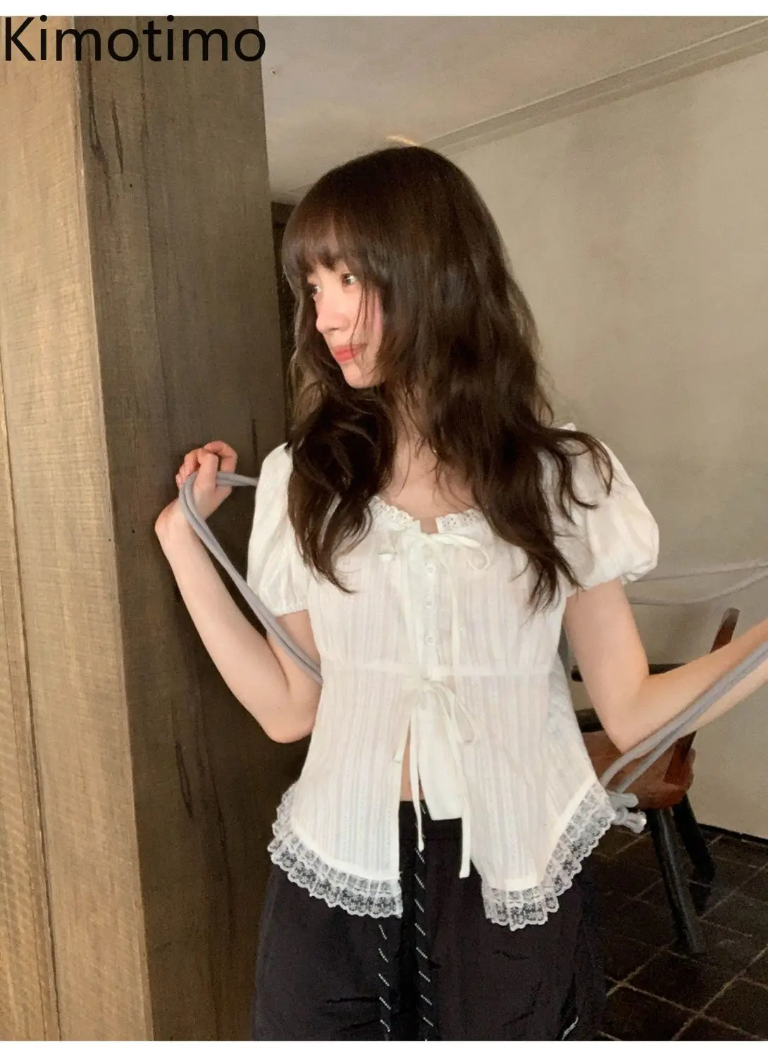 Kimotimo Sweet Lace Bandage Short Sleeve Shirt Women Japanese Y2k Aesthetic Slim Chic Crop Top 2026 Summer Simple Fashion Blouse