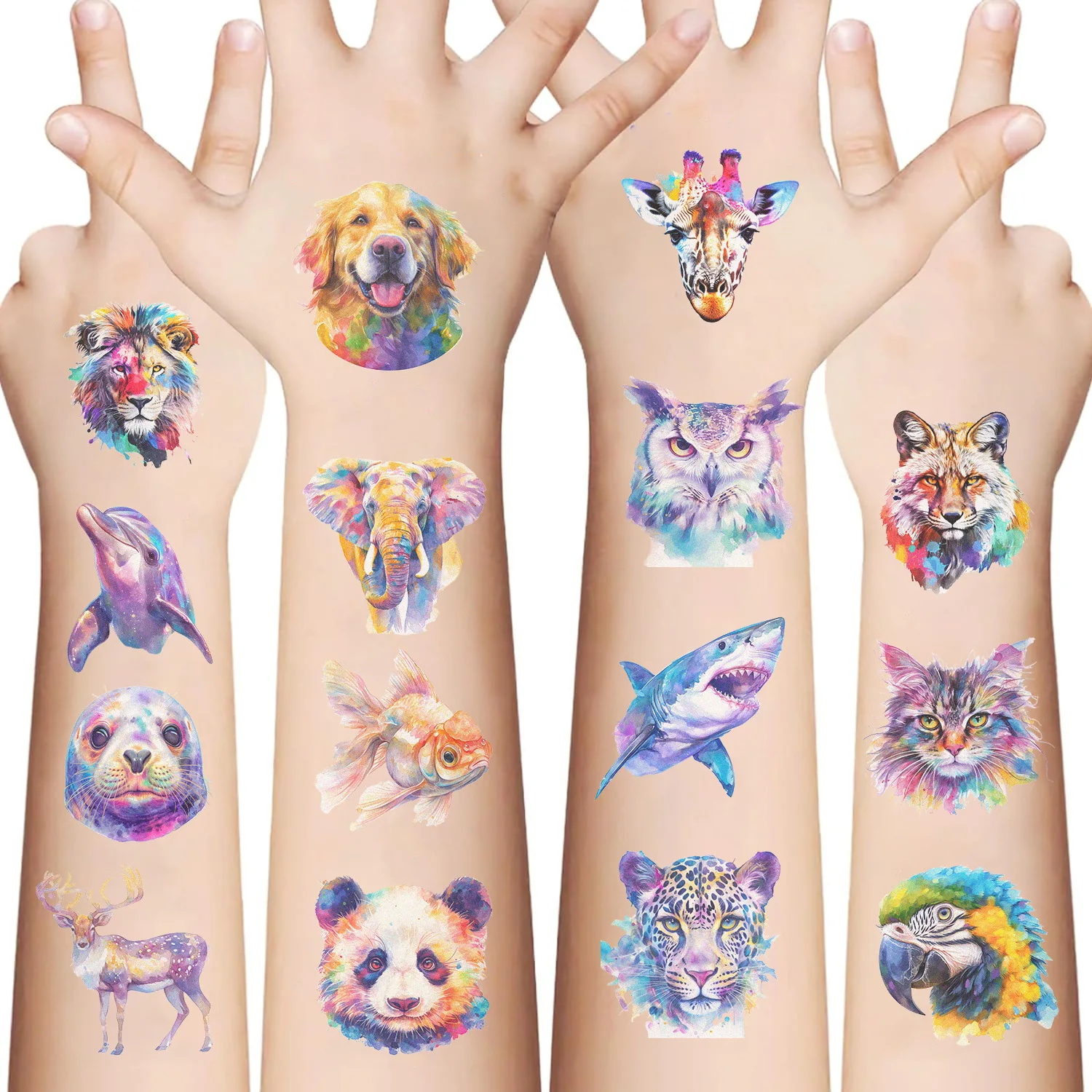 10 Stück coole Aquarell-Tier-Tattoo-Aufkleber, lustige Geburtstagsfeier, temporäre wasserdichte Tattoos, Aufkleber-Set, Kinderspielzeug, Geschenk