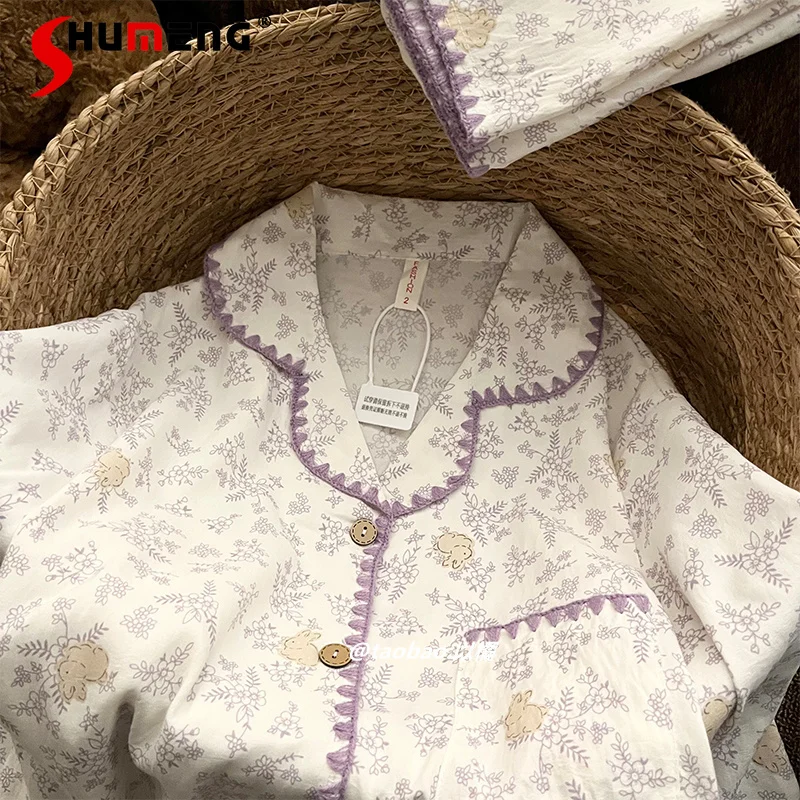 

Japanese Style Floral Sweet Pajamas for Women Long Sleeve Long Pants Underwear Female Pure Cotton Gauze Student Homewear Set