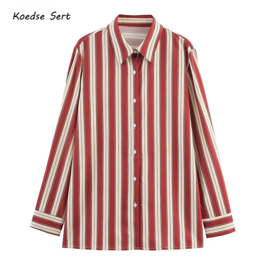 

2025 Autumn Lapel Red Beige Striped Print Shirt Women Back Sashes Single-Breasted Buttons Full Sleeve Loose Blouses Tops