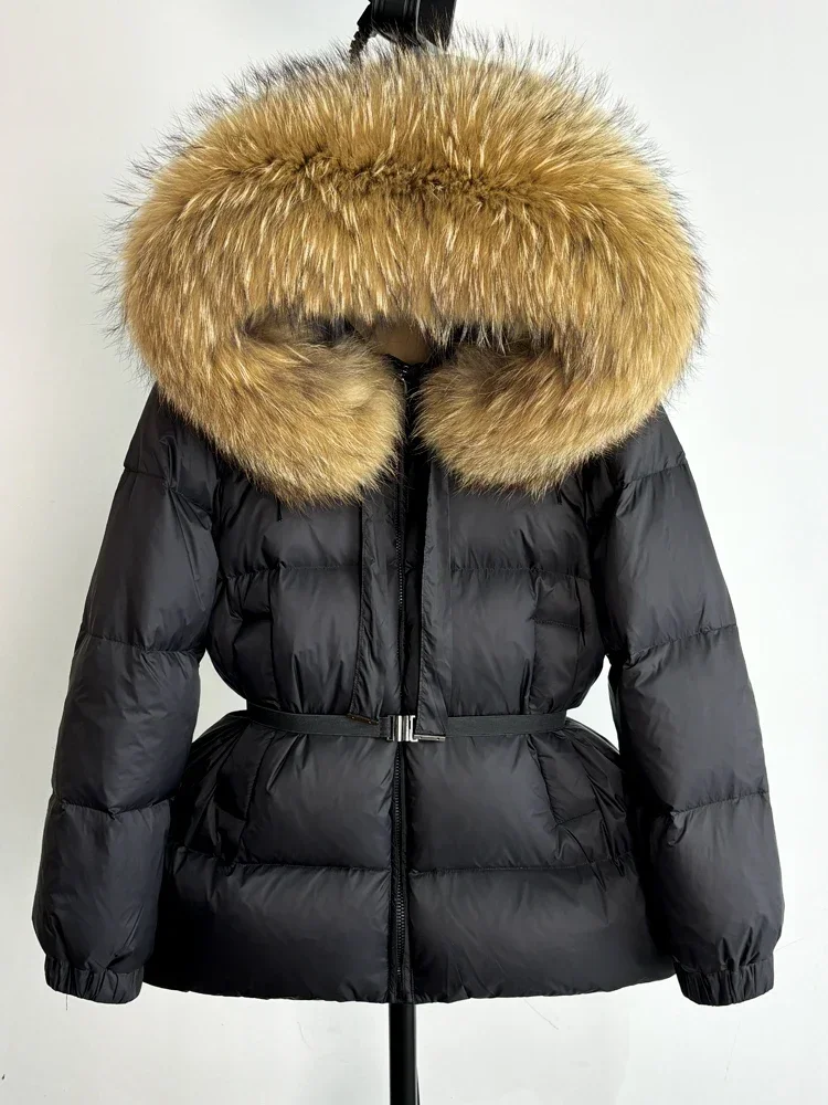 Janveny-Veste Courte à Capuche en Vraie Fourrure de Raton Laveur pour Femme, Manteau 2024 Duvet de Canard, Parkas en Plumes Imperméables, 90%