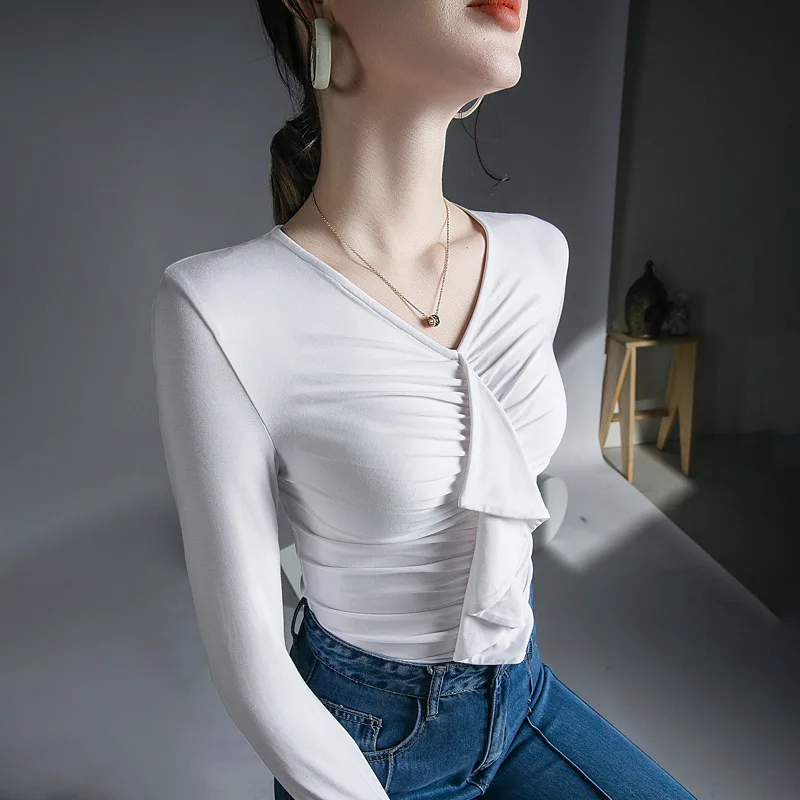 MadBlack European Clothes magliette donna scollo a V Ruffles Slim Modal top manica lunga Elastic Tees autunno inverno nuovo 2023 T37414JM