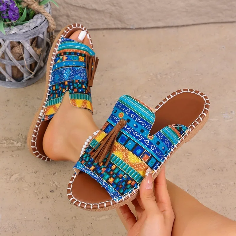 Women's Slippers Summer Outdoor Casual Low Heel Fringe Sandals for Daily Mixed Colors Comfortable Beach Slippers Plus Size 43