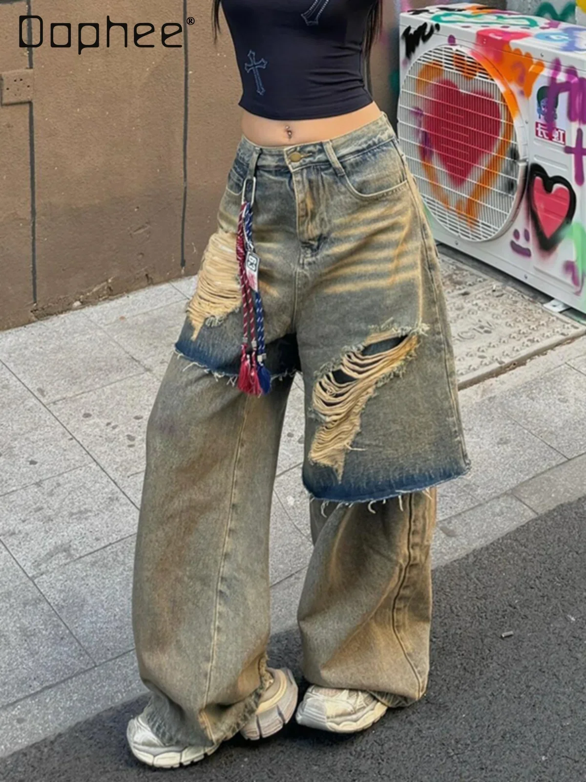 

High Street Fake Two Pieces Denim Pants Women Hip Hop Ripped Do Old Baggy High Waist Wide Leg Jeans Retro Y2k Trousers 2024 New