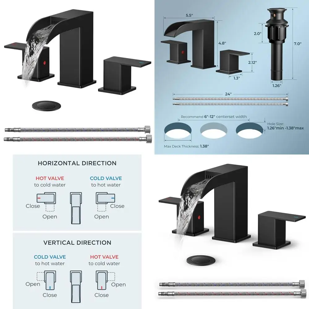 

8 Widespread Square Waterfall Bathroom Sink Faucet with Metal Pop-Up Drain, 3-Hole, Dual Handle for Vanity and Lavatory Sinks
