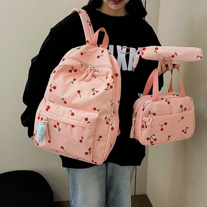 3pcs Set Cherry-Print Backpack Makeup Bag Pencil Case School