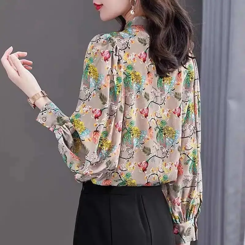 Women Clothes Vintage Floral Print Stand Collar Shirts Spring Autumn Fashion Elegant Blouses Casual Long Sleeve Loose Tops Blusa