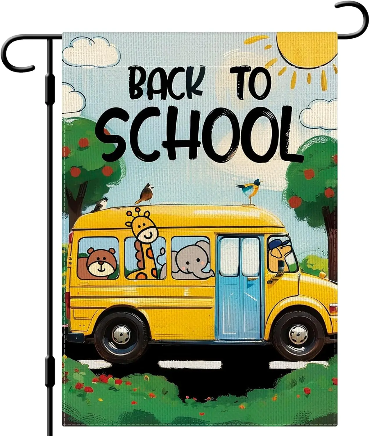 DLZDN Back to School Garden Flag School Bus Animals Flag 12×18 Inch Double Sided Buffalo Plaid Fall Farmhouse Yard Flag Seasonal