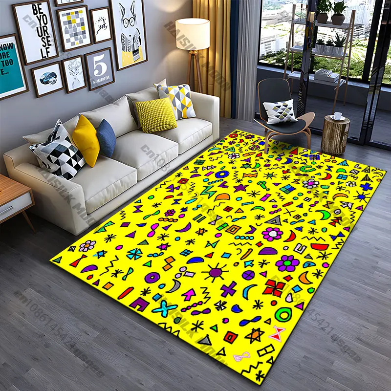 Colorful shapes scattered yellow carpet Yoga living room room decor children's crawling mat doormat area rug games mat