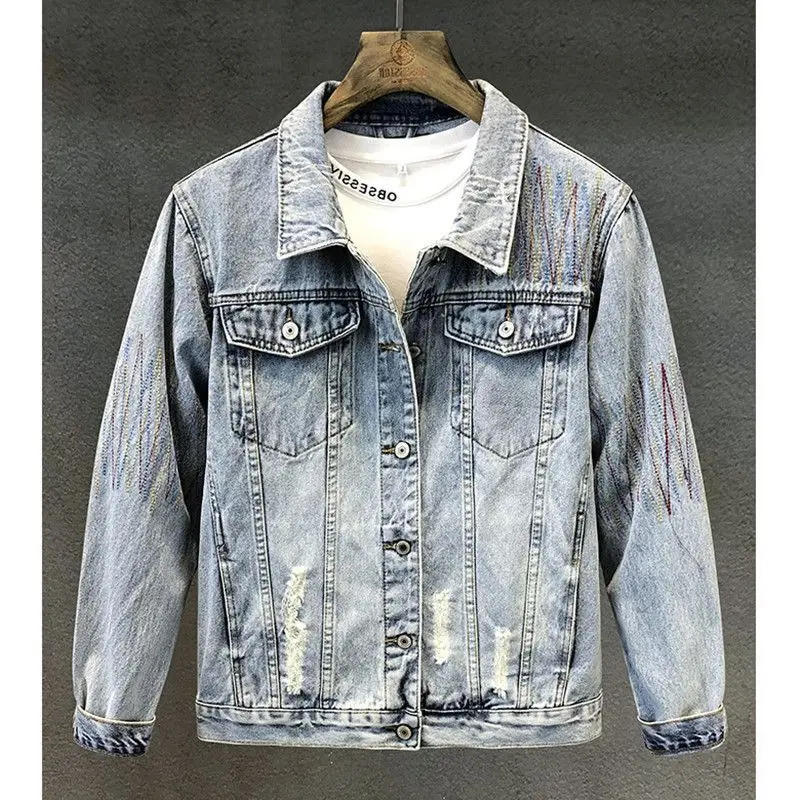 Korean Cargo Retro Nostalgic Washed Trendy Brand Embroidered Denim Jacket Men's Spring Autumn Loose Outer Casual Jacket Men