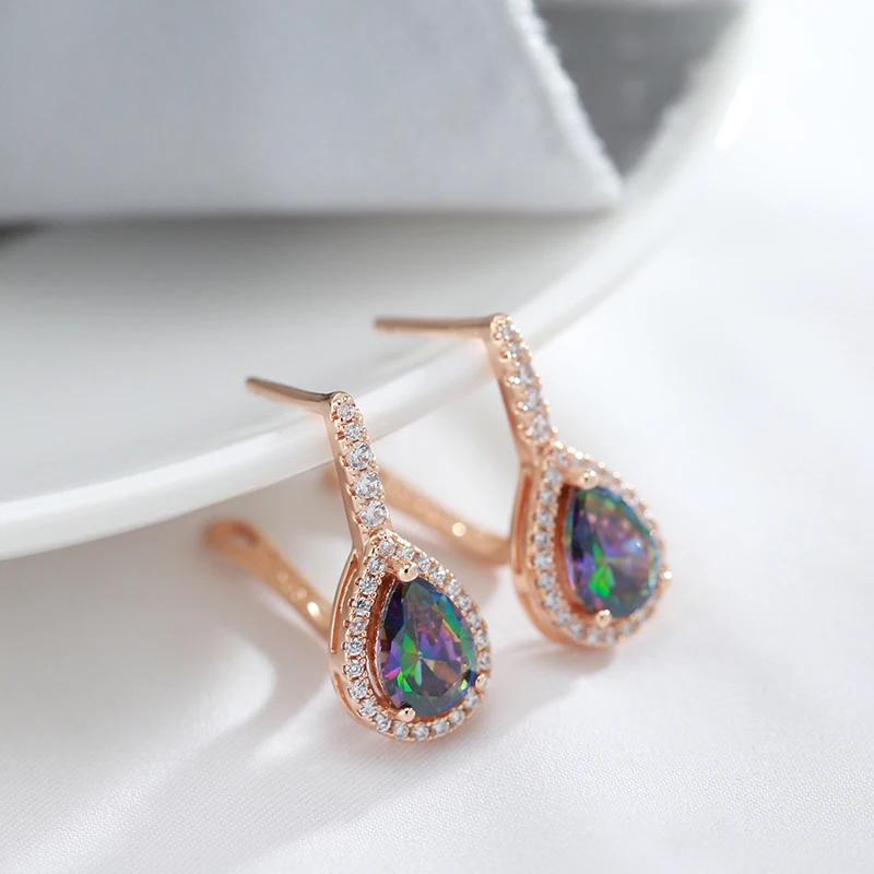 Kinel Luxury Water Drop Colorful Stone English Earrings For Women Fashion 585 Rose Gold Color Fine Wedding Party Daily Jewelry