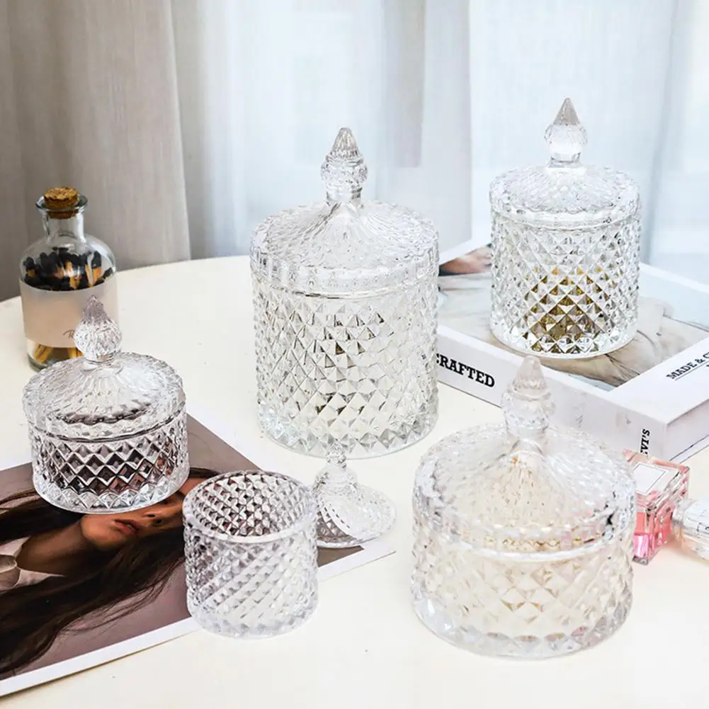 

Glass Storage Jar Jewelry Box with Lid Cotton Swab Box Make Up Desktop Storage Bottles Clear Glass Jewelry Organizer Candy Jar