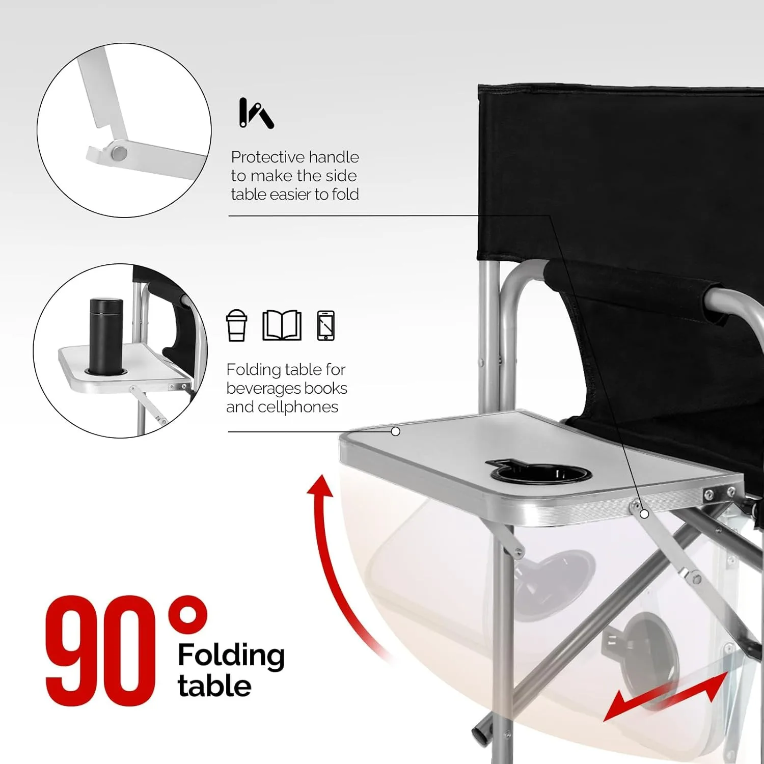 كرسي مدير قابل للطي مع طاولة جانبية، إطار فولاذي محمول لفناني المكياج بسعة 300 رطل، 19.2 بوصة عمق × 23.6 بوصة عرض × 40.5 بوصة ارتفاع