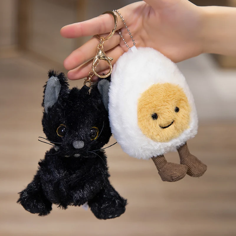 Kawaii Soft Egg Black Cat Plush Pendant Furry Cuddly Plushies Doll Stuffed Plush Toys Home Decor Kids Gift 