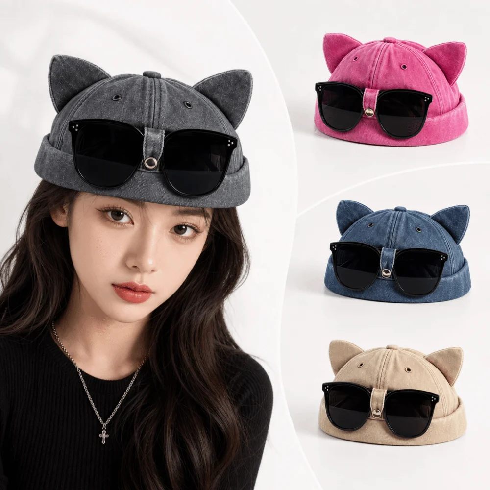 Basin Hat Cat Ears Brimless Hat with Sunglasses Cute Breathable Woman's Landlord Hat Unisex Without Brim Dome Melon Cap Travel