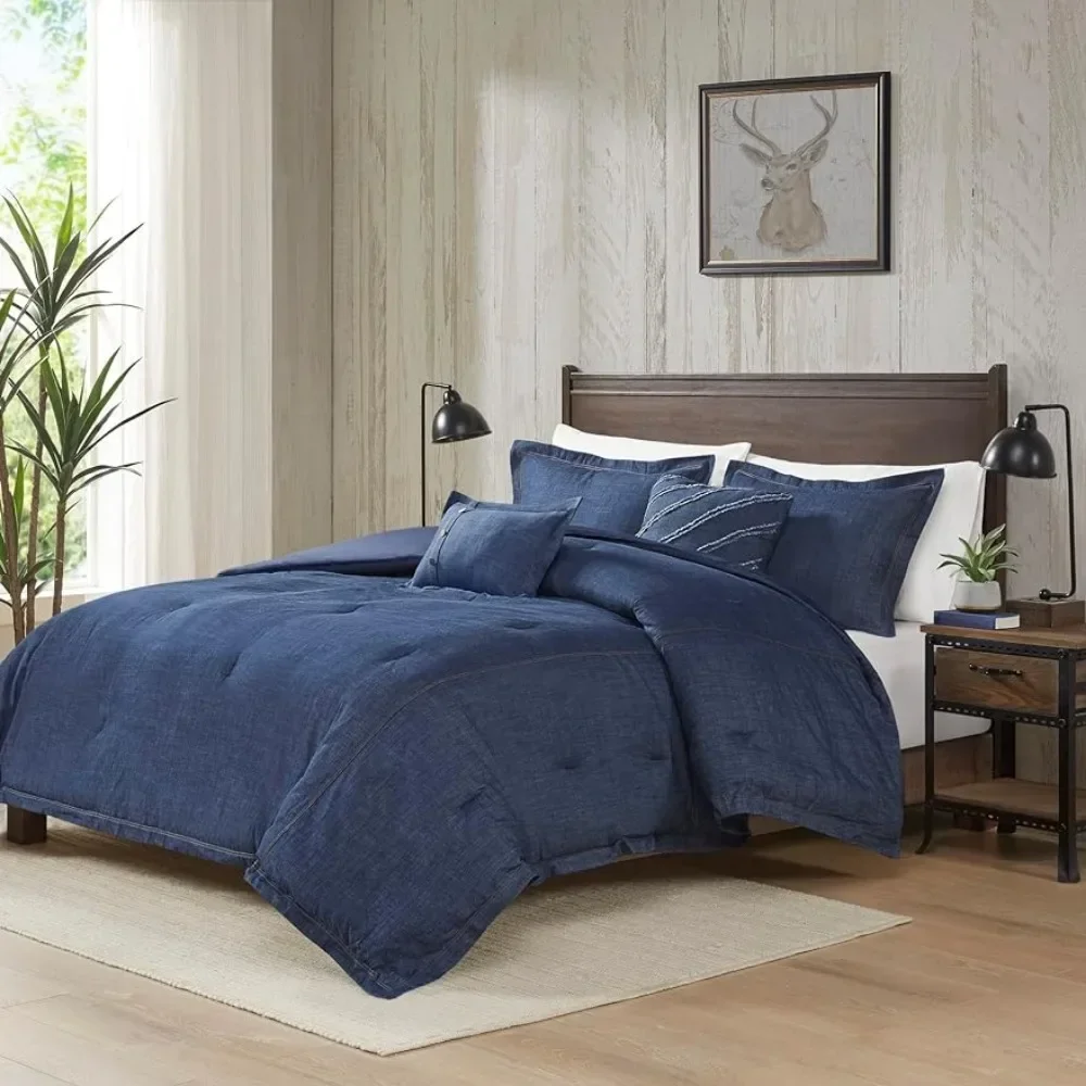 Comforter Set - All Season Down Alternative Warm Bedding Layer and Matching Shams, Oversized Queen Denim Blue