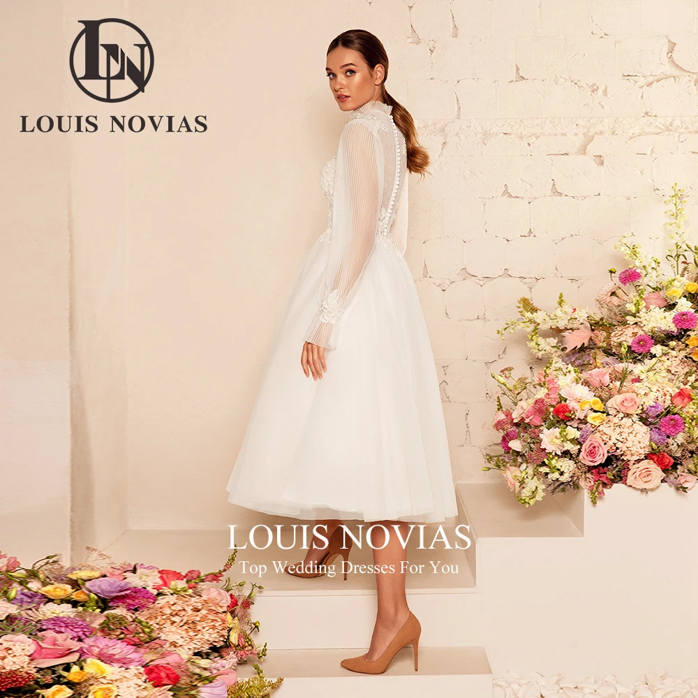 LOUIS NOVIAS A-Line Wedding Dresses Sexy Luxury Illusion O-Neck Puff Sleeve Bride Appliques A-Line Bridal Gown Vestidos De Novia