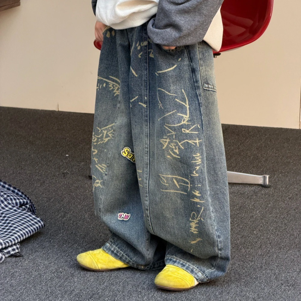 Boys' Suit 2026 Spring and Autumn New Children's Wear Korean Style Boys and Girls Color False Two Coats Graffiti Jeans Two Sets