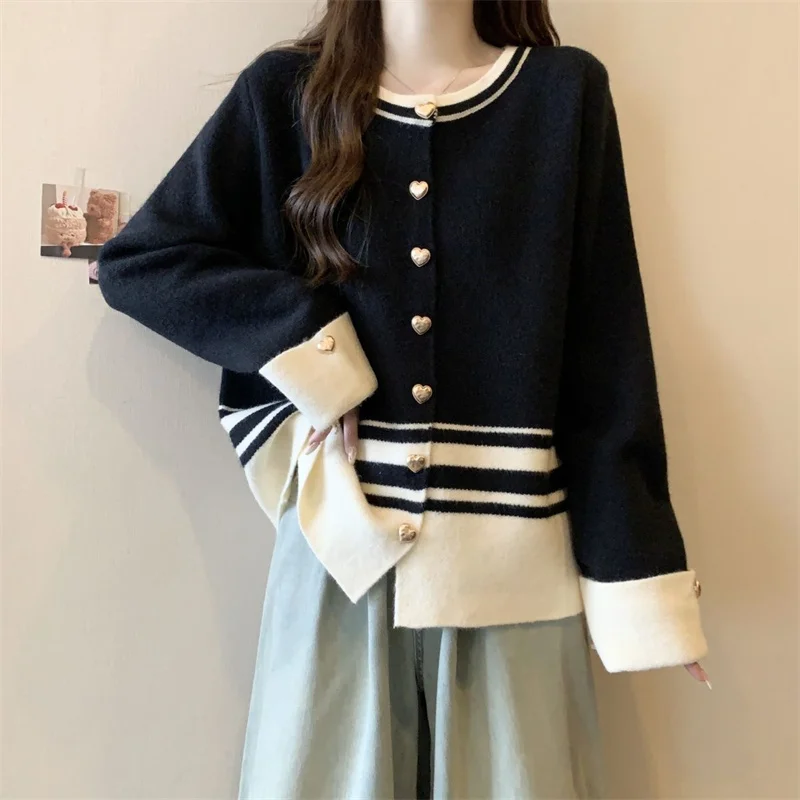 Y2K Autumn Winter Sweater Jacket 2024New Round Collar Single-Breasted Women's Clothes Blouse Fashion Stripe Female Knitwear Coat