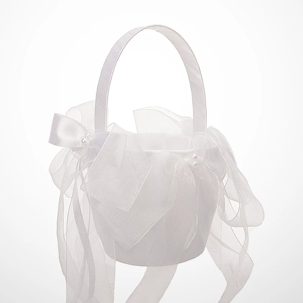 

Portable Wedding Flower Girl Baskets White Cloth Mesh Bowknot Elegant Basket for Ceremonies Banquets Graduations Storage