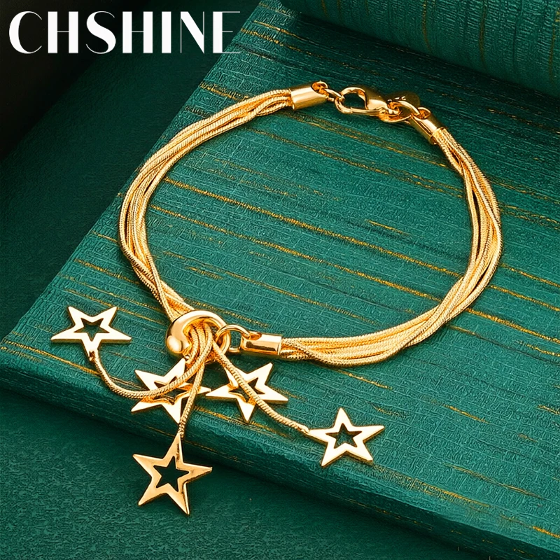 925 Sterling Silver 18K Gold  Multi Snake Chain Bracelet Hollow Star Charms Fashion Jewelry for Women Wedding Party Gift