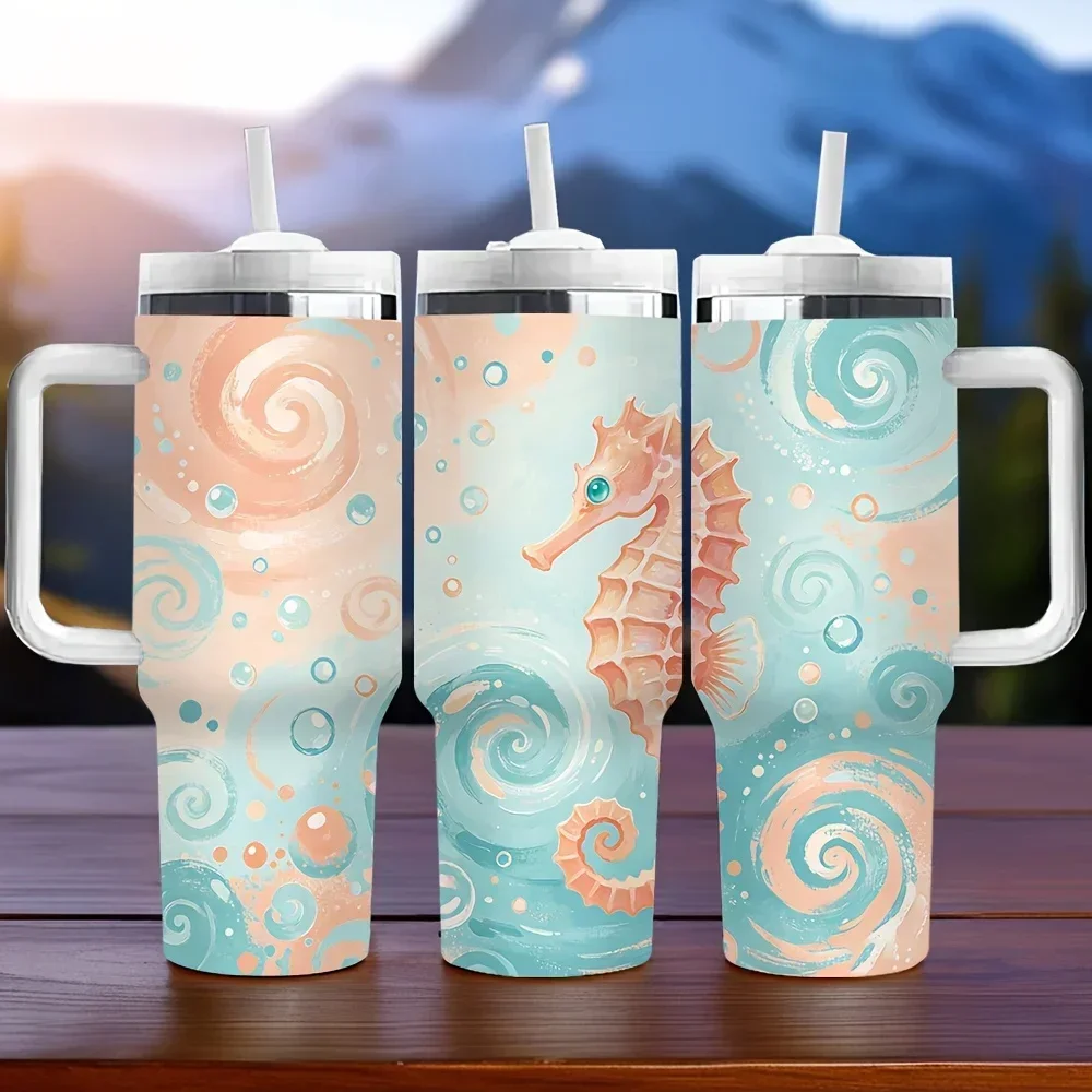 40Oz Insulated Tumbler with Handle, Cute Seahorse Swirl Pattern Print, Long-Lasting Heat Preservation, Perfect Holiday Birthday Gift for Adults for Daily Life And Outdoor Activities