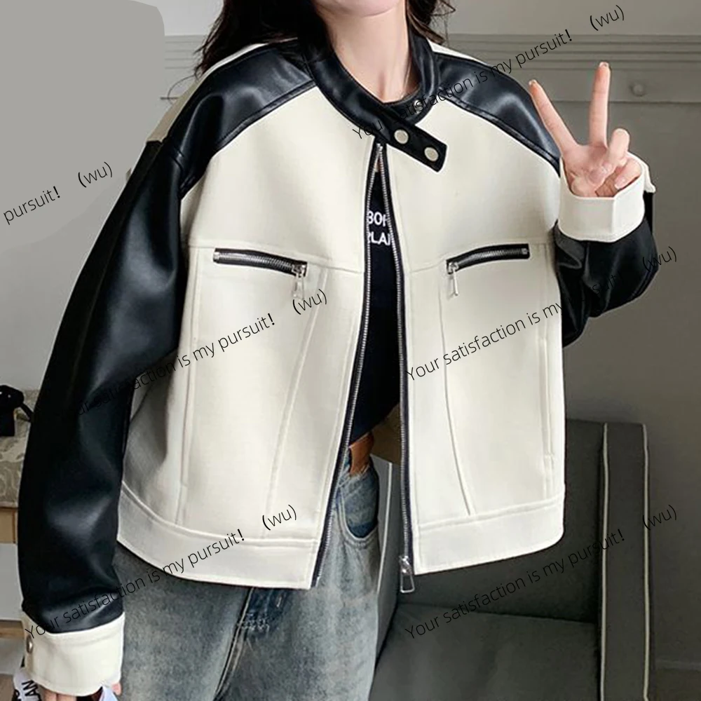 

ZOCI-белая женская короткая куртка из искусственной кожи контрастного цвета, весна-лето 202, новая маленькая свободная короткая куртка в стиле ретро