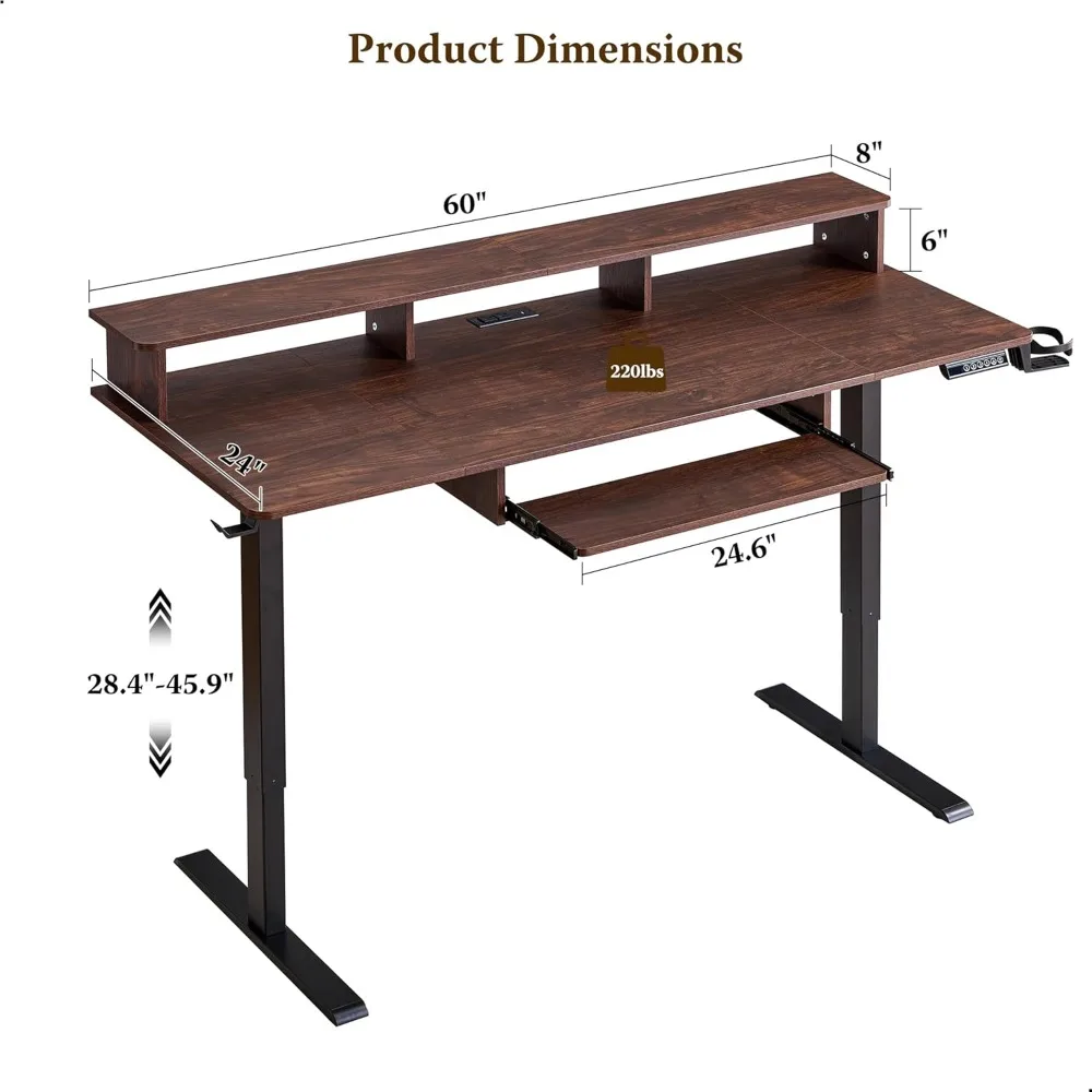 مكتب قائم كهربائي 60 بوصة ارتفاع قابل للتعديل، مكتب الجلوس مع صينية لوحة المفاتيح، منافذ الطاقة، أضواء LED ورف الشاشة -