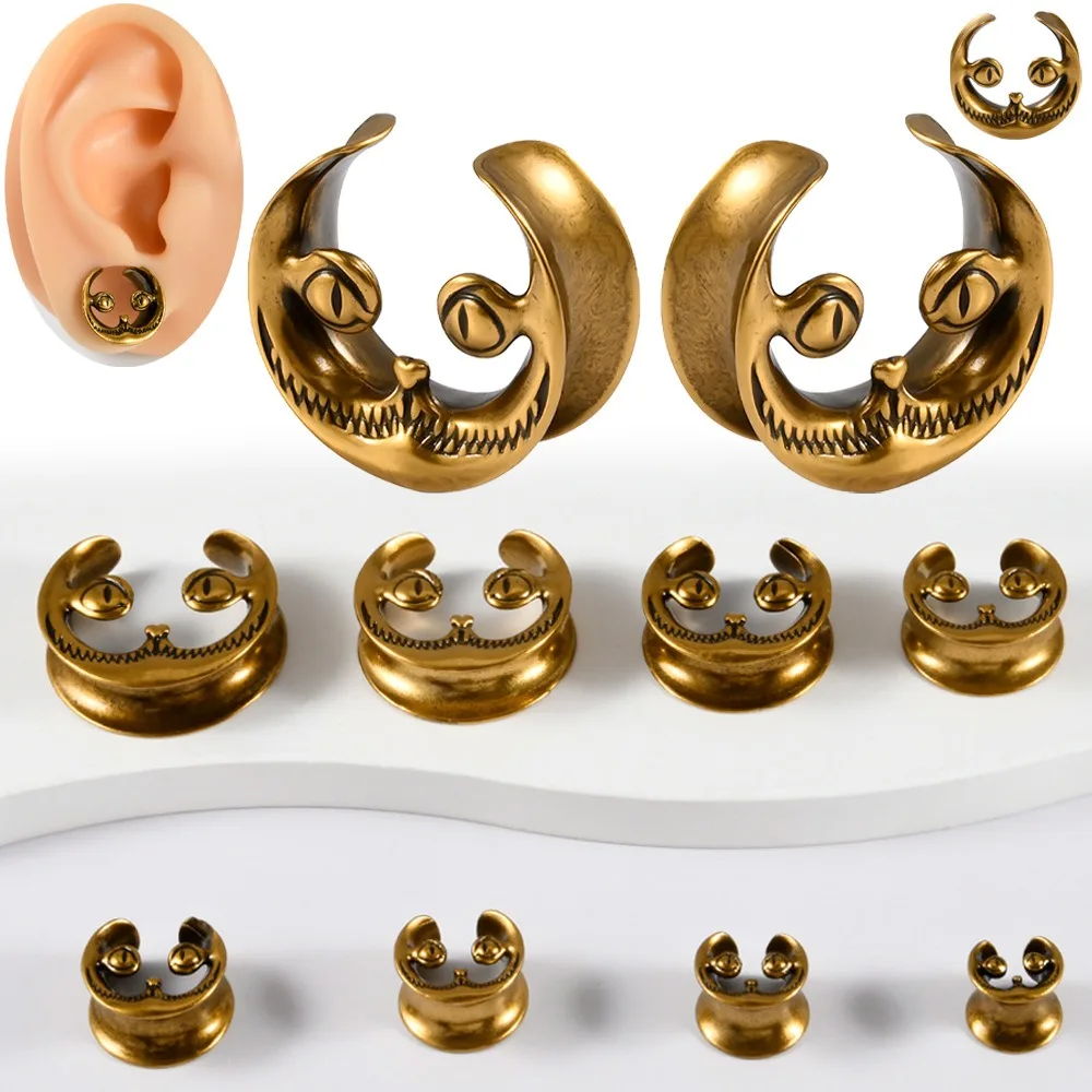 1pair Vintage Gold Smiling Cat Face U-shaped Earlobe Piercing Copper Expansion Ear Ring Ear Accessory for Unique Punk Style