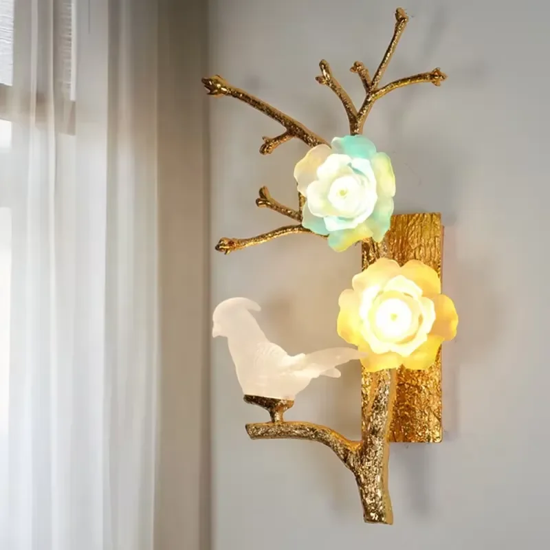 Modern Gold Branch Wall Lamp LED Flower Bird Decorative Wall Sconce for Bedroom