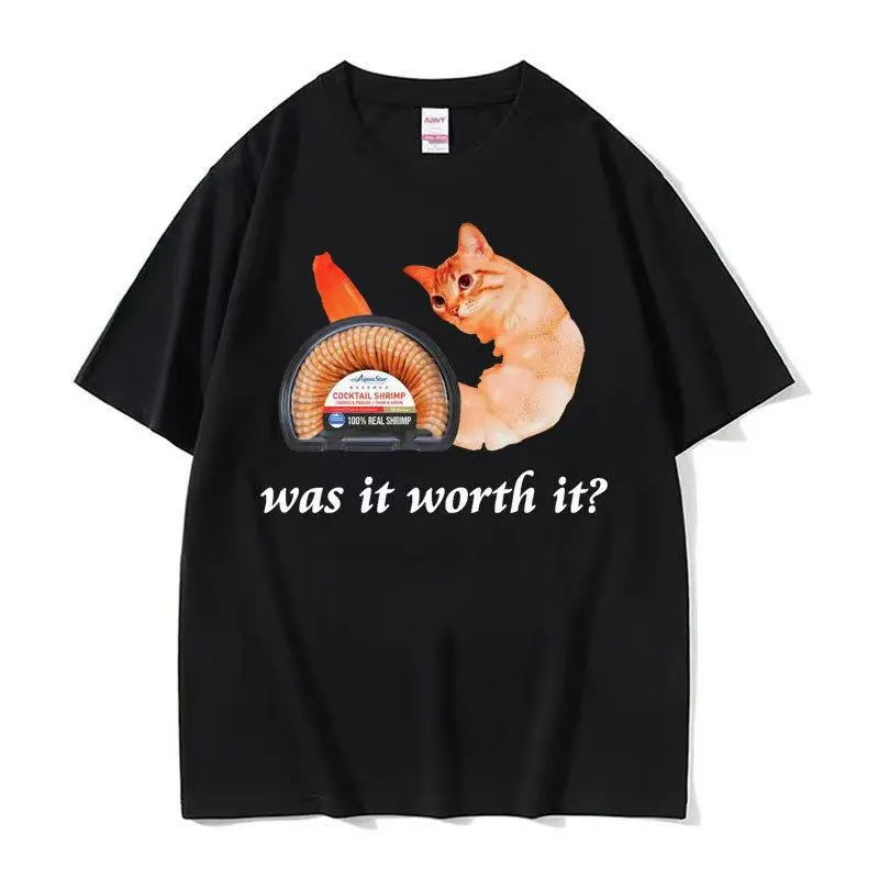 

Plus - Size Black Short - Sleeve Tee: “was it worth it” Cat - Shrimp Meme Graphic - COCKTAIL SHRIMP
