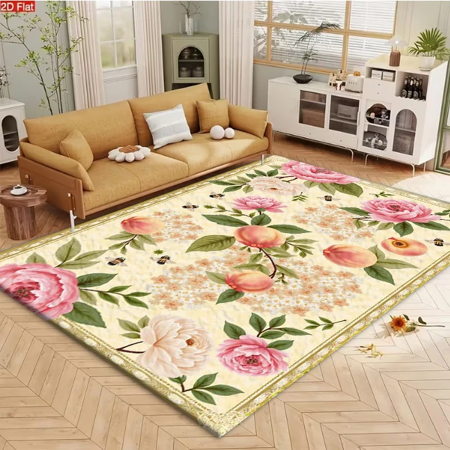 Vintage Peachy Peony Fruit Art Carpet Flooring Decorative Area Rug for Living Room Bedroom Home Decoration