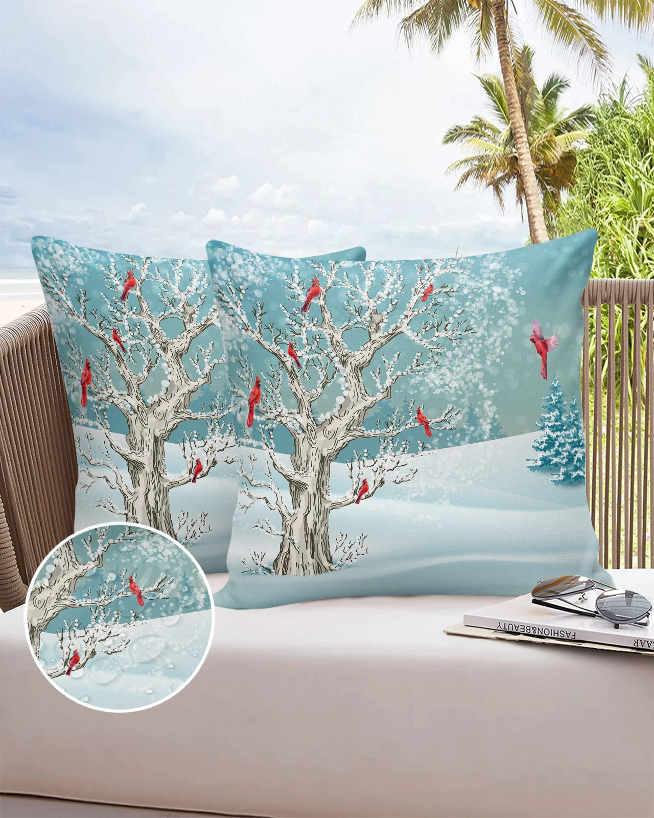 Christmas Winter Tree Snowflake Cardinal Bird 2/4PCS Outdoor Garden Waterproof Cushion Cover Home Decor 45/50/60cm Pillow Case