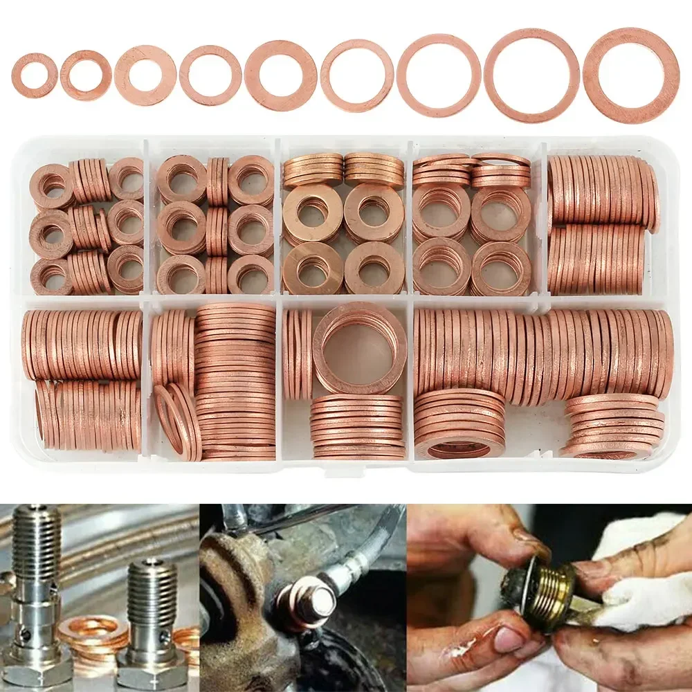 400/300/280/200/150/100Pcs Copper Washer Gasket Nut And Bolt Set Flat Ring Seal Assortment Kit With Box For Sump Plugs