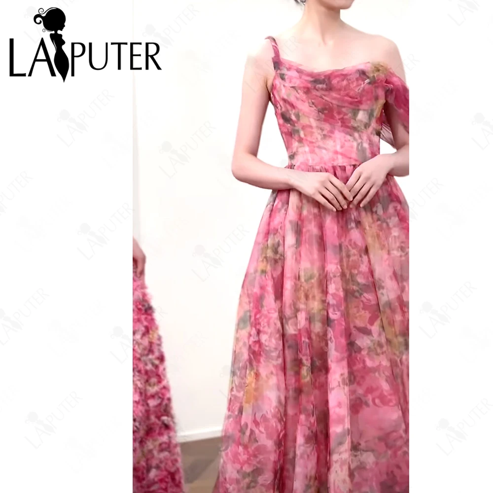 طباعة الأورجانزا الوردي الأزهار فستان الحفلة الراقصة ألف خط قبالة الكتف Ruched ثوب مسائي صندوق الطية ألف خط الجنية فتاة فستان رسمي 2025 #3
