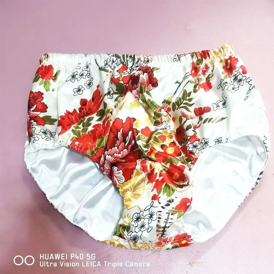 Length 30-35cm Glossy Floral Print Ice Silk Satin Lingerie Panties Plus Size Underwear Sexy High Waist Briefs