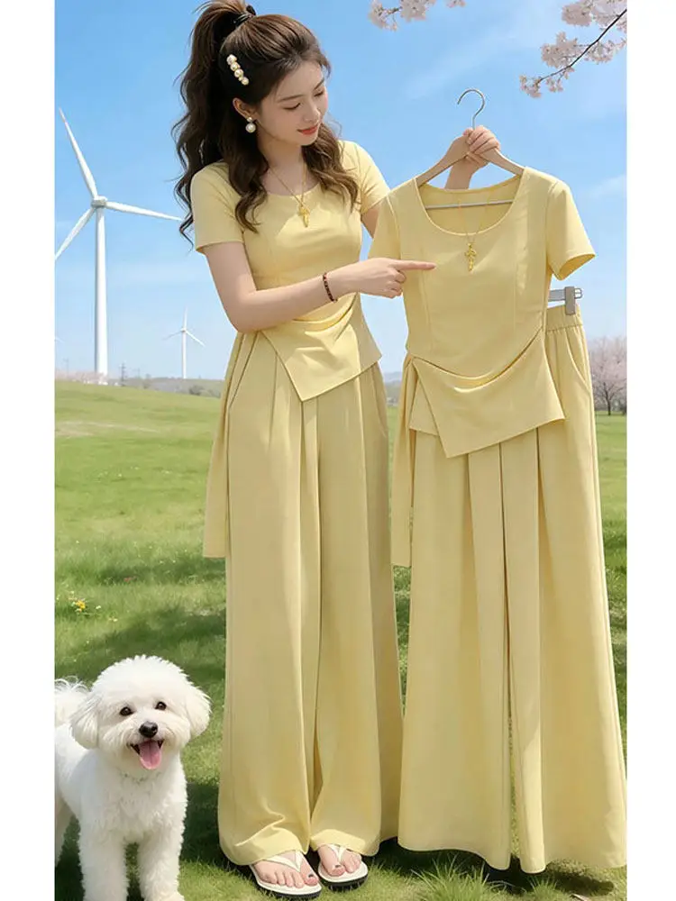 

Casual Style Women's Two-Piece Set Short Sleeve T-Shirt And Wide Leg Pants High Waist Comfortable Fit Summer Fashion Ensemble