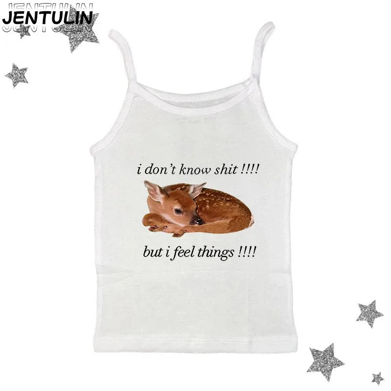 귀여운 작은 사슴 그래픽 프린트 크롭탑 2000년대 Y2K 탱크탑 고딕 슬림 민소매 코케트 베스트 캐주얼 코르셋 에모걸
